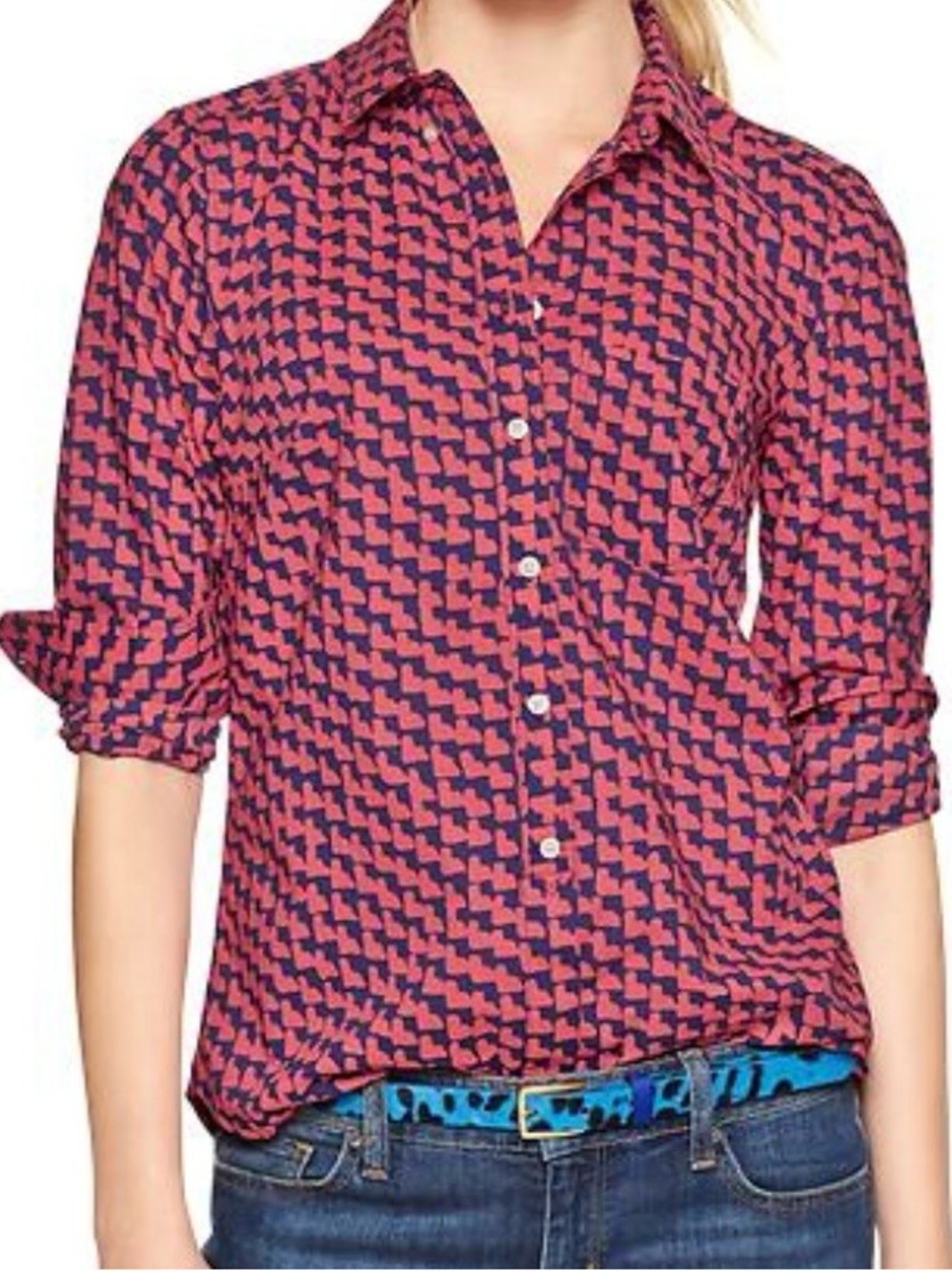 GAP Women’s Pink and Navy Abstract Button-Up Shirt Size M